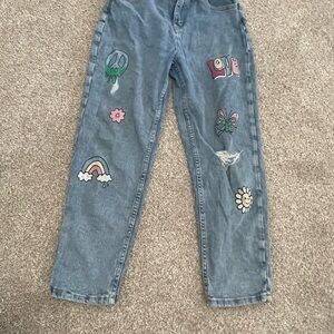 Justice Girls Mini Mom Jeans Cartoon Graphic Distressed Denim Kids Size 16